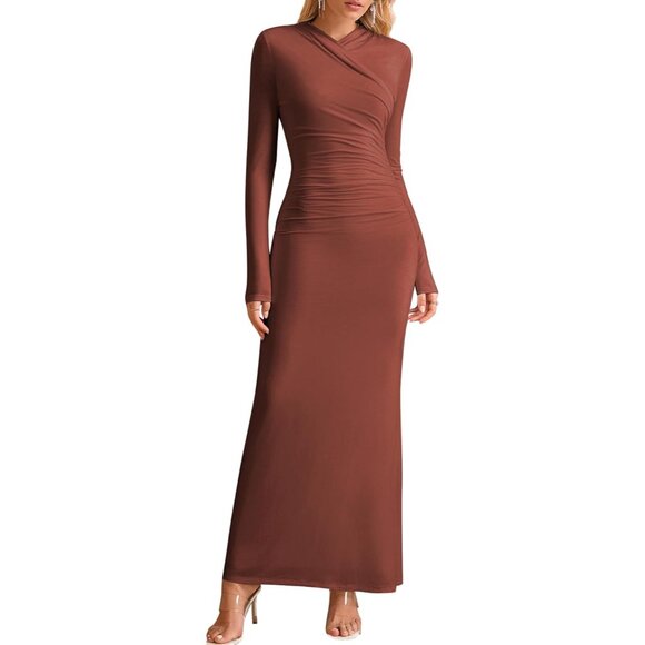 Brown Long Sleeve Maxi Dress with V Neck - Elegant Formal Wedding Guest Wear - Picture 1 of 5